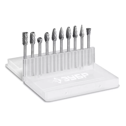 Зубр Набор твердосплавных борфрез для гравера, 10 шт.: 6 мм: B0616, C0616, D0605, E0610, F0618, G0618, H0618, L0616, M0618, N0608 (28816-H10) купить в Муравленко