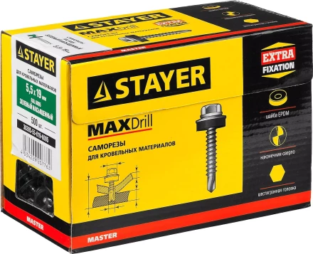 Саморезы СКМ кровельные, RAL 6005 зеленый насыщенный, 19 x 5.5 мм, 500 шт, для металлических конструкций, STAYER 30305-55-019-6005 купить в Муравленко