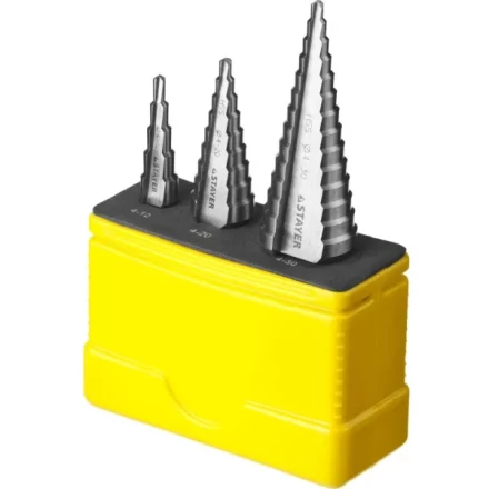 Набор STAYER &quot;MASTER&quot;: Ступенчатые сверла по сталям и цвет.мет., сталь HSS, d=4-12мм,5 ступ. d 4-20 мм 9 ступ., d 4-30мм 14ступ. 29660-4-30-H3 купить в Муравленко