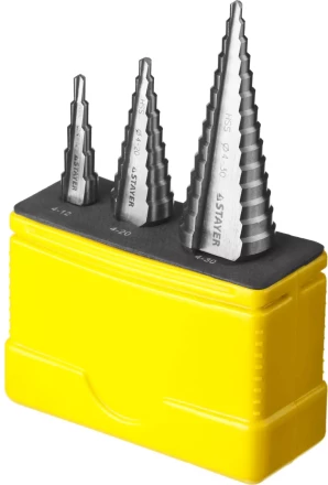 Набор STAYER &quot;MASTER&quot;: Ступенчатые сверла по сталям и цвет.мет., сталь HSS, d=4-12мм,5 ступ. d 4-20 мм 9 ступ., d 4-30мм 14ступ. 29660-4-30-H3 купить в Муравленко