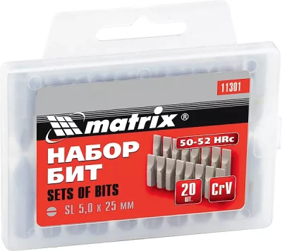 Набор бит SL5,0 x 25 мм, сталь 45Х, 20 шт., в пласт. боксе MATRIX 11301