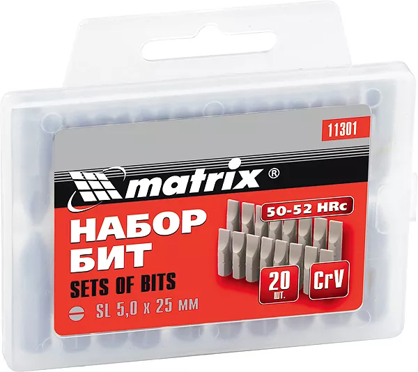 Набор бит SL5,0 x 25 мм, сталь 45Х, 20 шт., в пласт. боксе  MATRIX 11301 купить в Муравленко