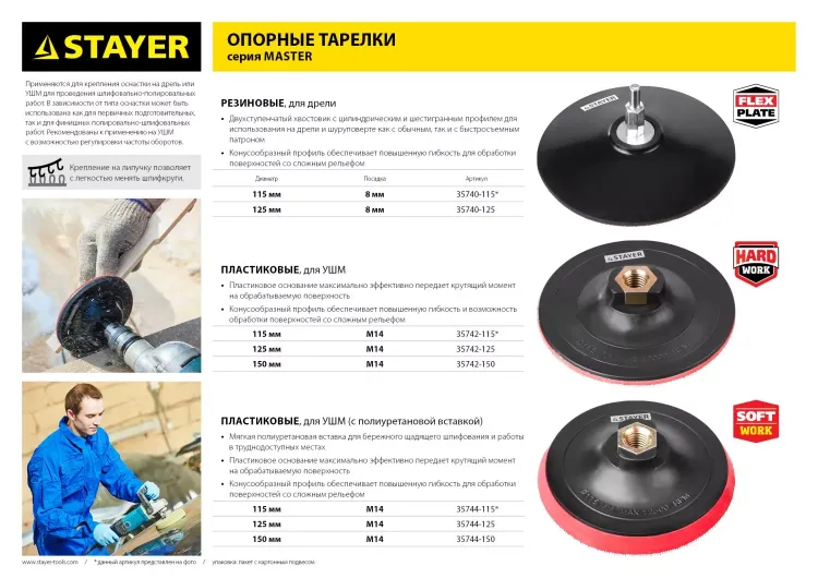 Тарелка опорная STAYER "MASTER" пластиковая для УШМ на липучке, полиуретановая вставка, d=150 мм, М14 35744-150 купить в Муравленко