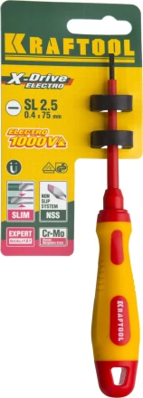 Отвертка KRAFTOOL, высоковольтная, Cr-Mo-V стержень, двухкомпонент. маслобензостойкая рукоятка, SL, 2,5х75мм 250083-2.5-075 купить в Муравленко