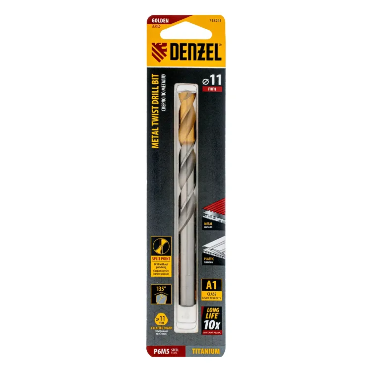 Сверло спиральное по металлу Denzel, 11 x 142 мм, Р6М5, Golden Tip, 718243 купить в Муравленко