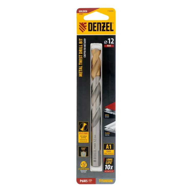 Сверло спиральное по металлу Denzel,  12 x 151 мм, Р6М5, Golden Tip 718244 купить в Муравленко