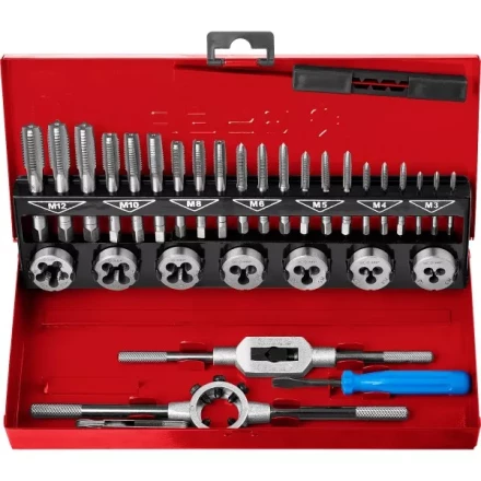 Набор ЗУБР &quot;ЭКСПЕРТ&quot; с метал.реж. инстр., метчики комплект. из 3-х штук и плашки М3-М12, оснастка-в метал.боксе, 32пред. 28129-H32 купить в Муравленко