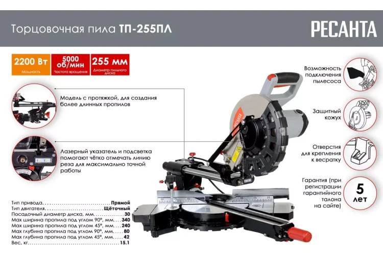 Торцовочная пила Ресанта ТП-255ПЛ 75/18/1 купить в Муравленко