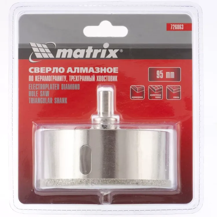 Сверло алмазное по керамограниту 95 х 67 мм 3-гранный хвостовик MATRIX артикул 726863 купить в Муравленко