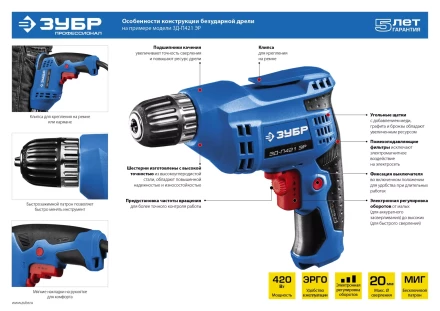 Дрель реверсивная ЗД-П421 ЭР серия ПРОФЕССИОНАЛ купить в Муравленко