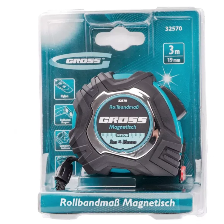 Рулетка Magnetisch 3 м х 16 мм обрезиненный корпус автоматическая фиксация Нейлоновое покрытиеытие зацеп с магнитом Gross 32570 купить в Муравленко