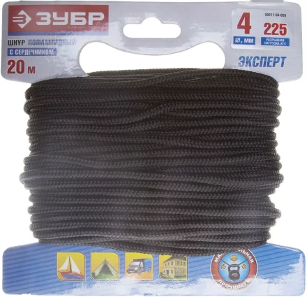 Шнур ЗУБР полиамидный, плетеный, повышенной нагрузки, с сердечником, черный, d 4, 20м 50311-04-020 купить в Муравленко