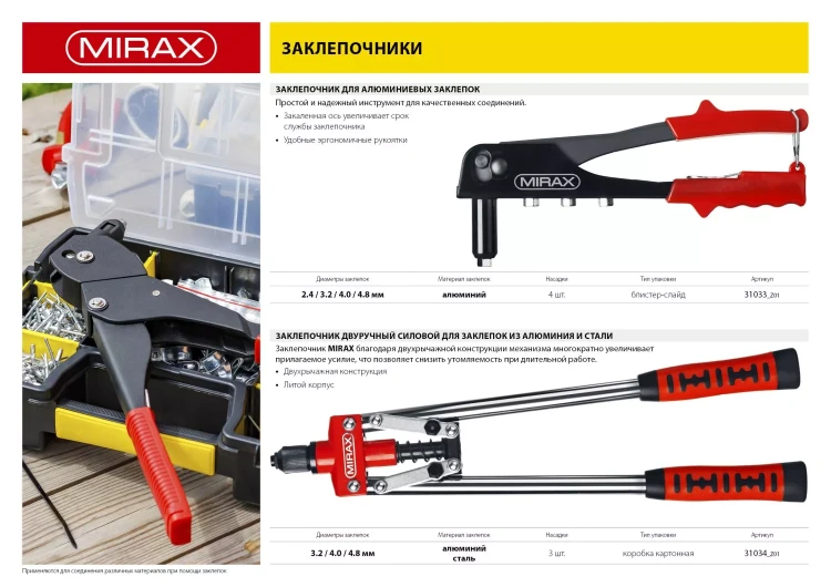Заклепочник, MIRAX 31033, для алюминиевых заклепок d=2,4 / 3,2 / 4,0 / 4,8 мм, длина 225мм 31033_z01 купить в Муравленко