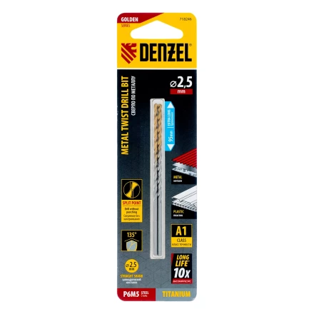 Сверло спиральное по металлу 2,5 х 95 мм Р6М5, Golden Tip, удлиненное, 2шт. Denzel 718246 купить в Муравленко