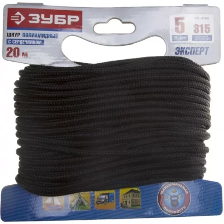 Шнур ЗУБР полиамидный, плетеный, повышенной нагрузки, с сердечником, черный, d 5, 20м 50311-05-020 купить в Муравленко