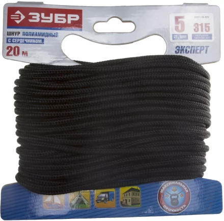 Шнур ЗУБР полиамидный, плетеный, повышенной нагрузки, с сердечником, черный, d 5, 20м 50311-05-020 купить в Муравленко