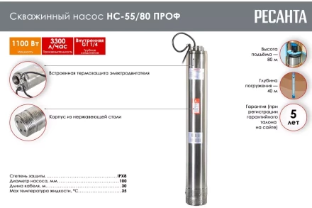 Скважинный насос Ресанта НС-55/80 ПРОФ 77/3/2 купить в Муравленко