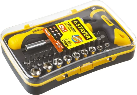 Набор STAYER &quot;MASTER&quot; &quot;HERCULES&quot;: Отвертка реверсивная, Т-образная отвертка-битодержатель, адаптер для торц голов, 43 предм 25084-H43 купить в Муравленко