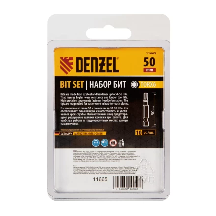 Бита TX 6х50, сталь S2, шестигранный профиль, 10 шт. Е 6,3 Denzel 11665 купить в Муравленко