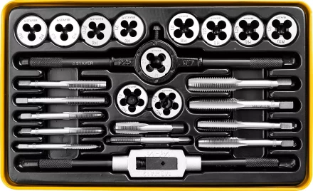 Набор метчиков и плашек STAYER &quot;MASTER&quot;, метчикодержатель 1шт, плашкодержатель 1шт, метчики 11шт, плашки 11шт, 24 предмета 28020-H24 купить в Муравленко