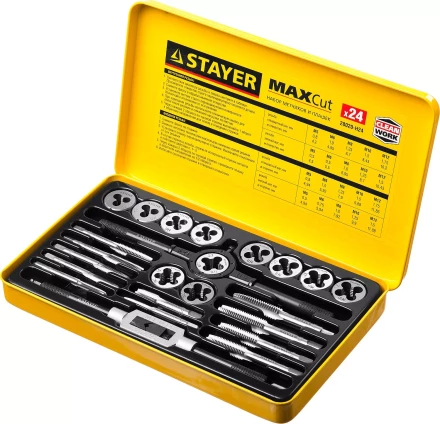 Набор метчиков и плашек STAYER &quot;MASTER&quot;, метчикодержатель 1шт, плашкодержатель 1шт, метчики 11шт, плашки 11шт, 24 предмета 28020-H24 купить в Муравленко