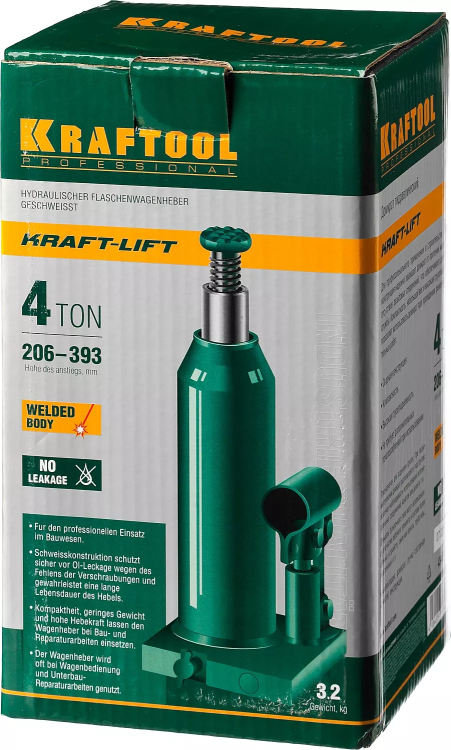 Домкрат гидравлический бутылочный "Kraft-Lift", сварной, 4т, 206-393мм, KRAFTOOL 43462-4 43462-4_z01 купить в Муравленко