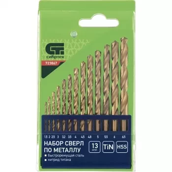 Набор нитридтитан. сверл по металлу 1,5-6,5мм через 0,5мм+3,2мм 4,8мм НSS,13 штук СИБРТЕХ 723867 купить в Муравленко