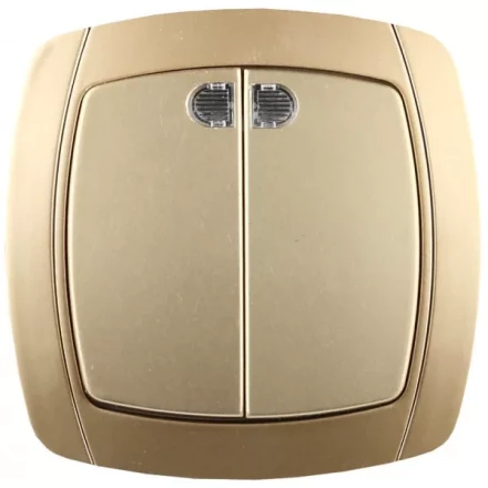 Выключатель СВЕТОЗАР &quot;АКЦЕНТ&quot; двухклавишный в сборе, с подсветкой, цвет золотой металлик, 10А/~250В SV-54235-GM купить в Муравленко