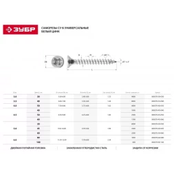 Саморезы СУ-Б универсальные, 50 x 4.5 мм, 2 500 шт, белый цинк, ЗУБР 300370-45-050