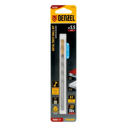 Сверло спиральное по металлу Denzel 5,5 х 139 мм, Р6М5, Golden Tip, удлиненное, 718255 купить в Муравленко