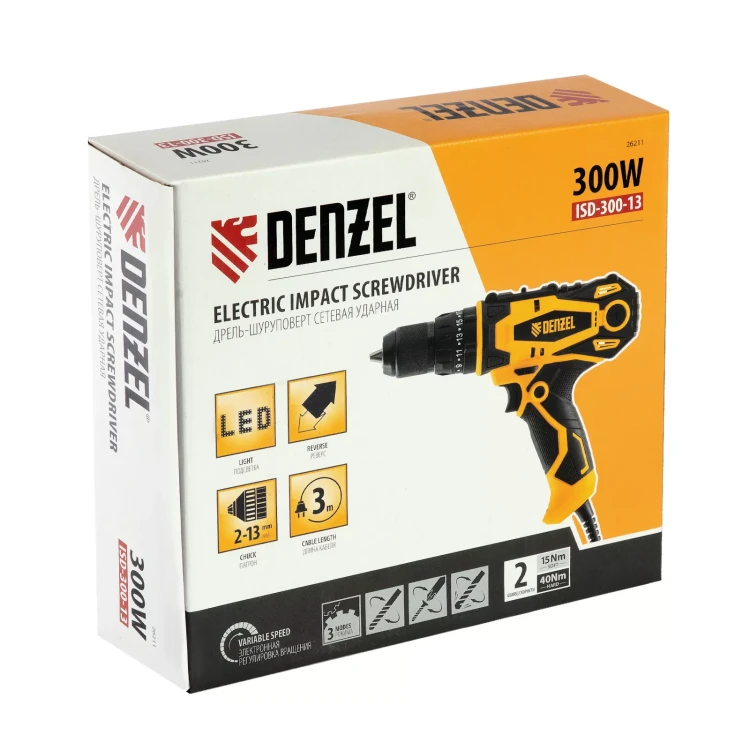 Дрель-шуруповерт сетевая ударная Denzel 26211, ISD-300-13 купить в Муравленко