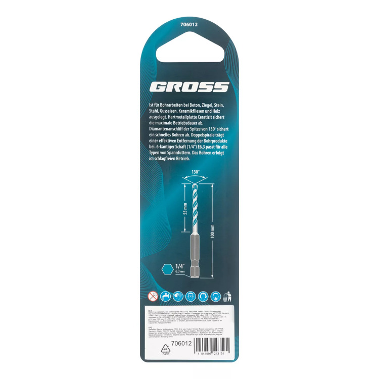 Сверло универсальное Gross, Multipurpose PRO, 6-гр. хвостовик, 6мм, 706012 купить в Муравленко