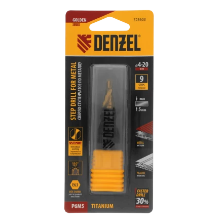 Сверло ступенчатое Denzel 723604, 6-8-10-12-14-16-18-20-22-24-26-28-30мм, Р6М5, 6-гр. хвостовик купить в Муравленко