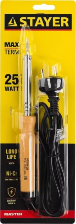 Паяльник MAXTerm с деревянной рукояткой, жало - конус, STAYER 55310-25, 25 Вт 55310-25 купить в Муравленко