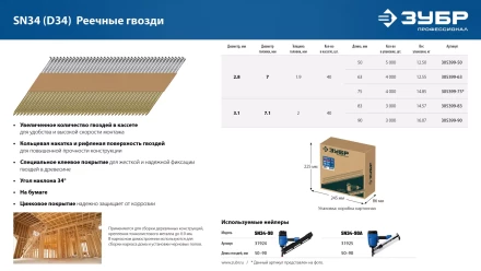 ЗУБР SN34 (D34) 63 х 2.8 мм, реечные гвозди рифленые оцинкованные, 4000 шт (305399-63) купить в Муравленко
