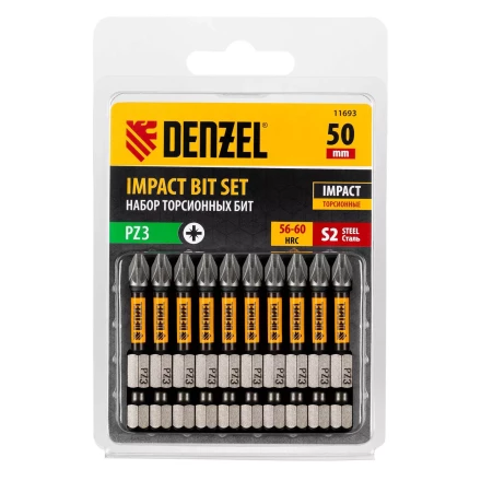 Бита IMPACT, PZ3x50 мм, лазерная обработка шлица, сталь S2, 10 шт., Е 6,3 Denzel 11693 купить в Муравленко