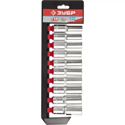 Набор ЗУБР &quot;МАСТЕР&quot;: Торцовые головки (1/2&quot;) удлиненные на пластиковом рельсе, Cr-V, 10-19мм, 10 предметов 27653-H10 купить в Муравленко