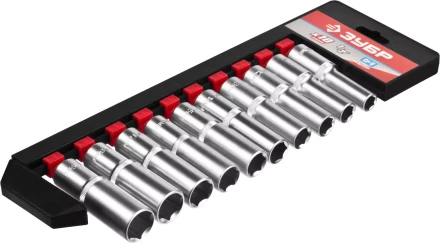 Набор ЗУБР &quot;МАСТЕР&quot;: Торцовые головки (1/2&quot;) удлиненные на пластиковом рельсе, Cr-V, 10-19мм, 10 предметов 27653-H10 купить в Муравленко