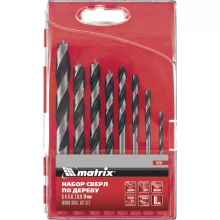 Набор сверл по дереву  3-4-5-6-7-8-9-10мм 6-гранный хвостовик  пластиковый кейс MATRIX 70285 купить в Муравленко