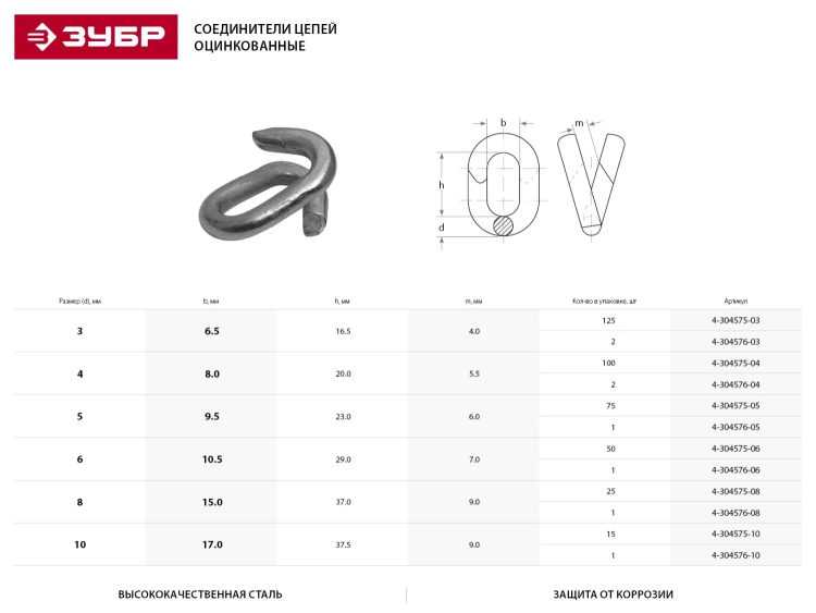 Соединитель цепей ЗУБР, оцинкованный, 10мм, 1 шт 4-304576-10 купить в Муравленко