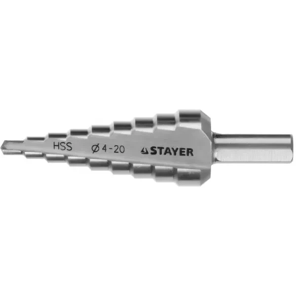Сверло STAYER "MASTER" ступенчатое по сталям и цвет.мет., сталь HSS, d=4-20мм, 9ступ.d 4-20, L-75 мм,трехгран. хвост. 8мм 29660-4-20-9 купить в Муравленко