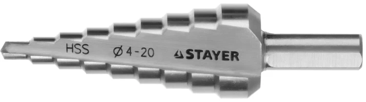 Сверло STAYER "MASTER" ступенчатое по сталям и цвет.мет., сталь HSS, d=4-20мм, 9ступ.d 4-20, L-75 мм,трехгран. хвост. 8мм 29660-4-20-9 купить в Муравленко