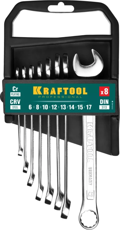 Наборы ключей комбинированных KRAFTOOL, Cr-V, DIN 3110, на пластиковой подвеске 27079-H8C купить в Муравленко