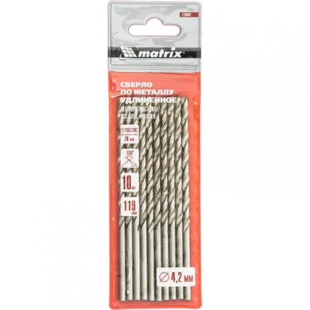 Сверло по металлу 4,2 х 119 мм полированное удлиненное HSS 10 штук цилиндрический хвостовик MATRIX 715042 купить в Муравленко