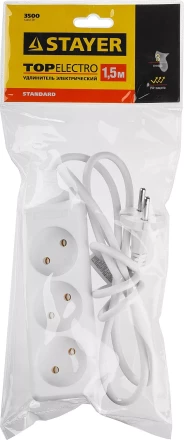 Удлинитель &quot;TOPELECTRO&quot; электрический, ПВС 2х1мм2, 3 гнезда, 3500 Вт, 1.5м, STAYER 55030-1.5 купить в Муравленко