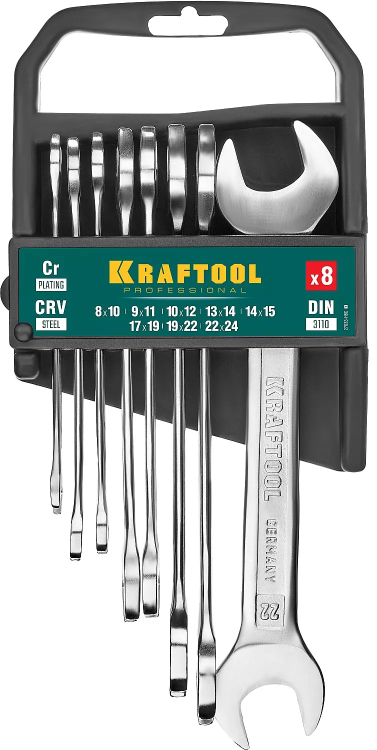 Наборы ключей гаечных рожковых KRAFTOOL, Cr-V, DIN 3110, на пластиковой подвеске 27033-H8C купить в Муравленко