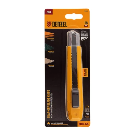 Нож Denzel, 18 мм, сменное лезвие, SK4, метал. направляющая, клипса, нажимной фиксатор, 78940 купить в Муравленко
