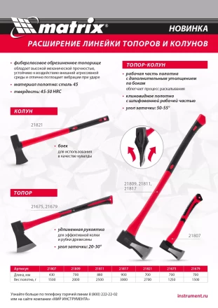 Топор-колун с клиновидным полотном 1500 г Matrix 21807, фибергласовое двухкомпонентное топорище 430 мм купить в Муравленко