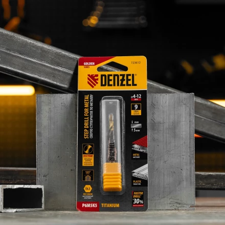 Сверло ступенчатое Denzel 723612,  4-5-6-7-8-9-10-11-12 мм, Р6М5К5, 6-гр. хвостовик купить в Муравленко
