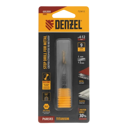 Сверло ступенчатое Denzel 723612,  4-5-6-7-8-9-10-11-12 мм, Р6М5К5, 6-гр. хвостовик купить в Муравленко
